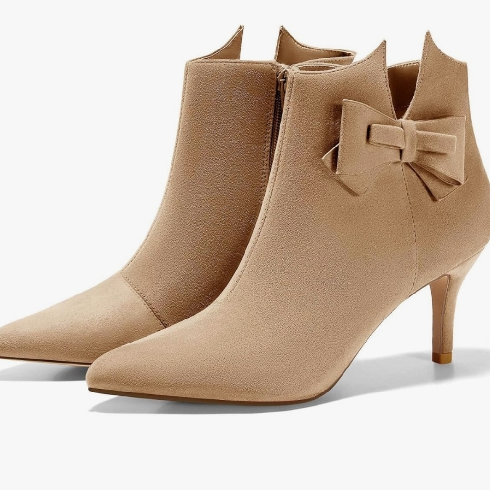 Ermonn  Pointed Toe Ankle Boots Stiletto Heels Side Zipper Bow Faux Suede Boots